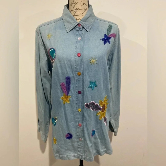Quacker Factory Vintage Womens Blue Beaded Sequin Denim Button Up Shirt Medium - Picture 1 of 9